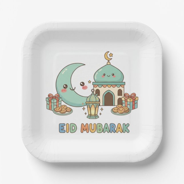 Eid Mubarak Celebration - Kawaii Smiling Moon Paper Plate (Front)
