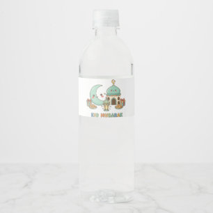 Eid Mubarak Celebration - Kawaii Smiling Moon Water Bottle Label