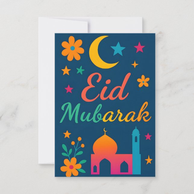 Eid Mubarak - Colorful for Kids Mosque Flowers Invitation (Front)