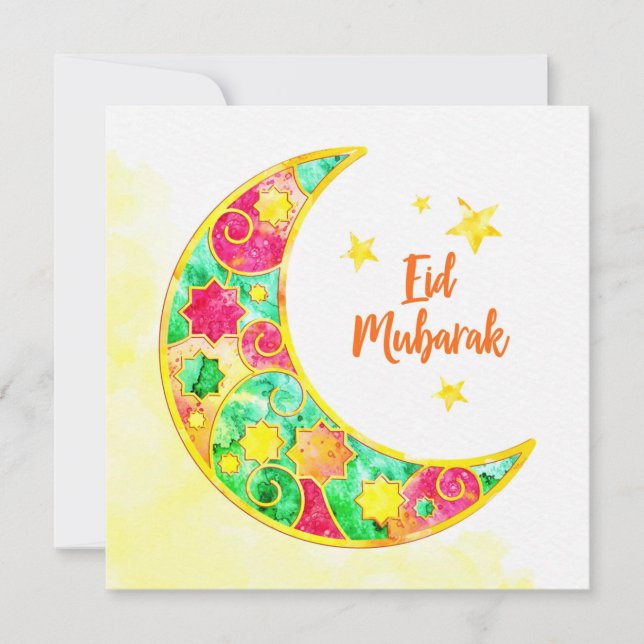 Eid Mubarak Colourful Crescent Holiday Card (Front)