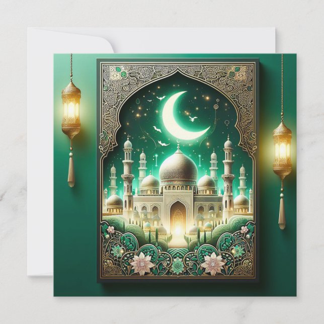 Eid Mubarak Crescent Mosque Floral Frame Green  Holiday Card (Front)