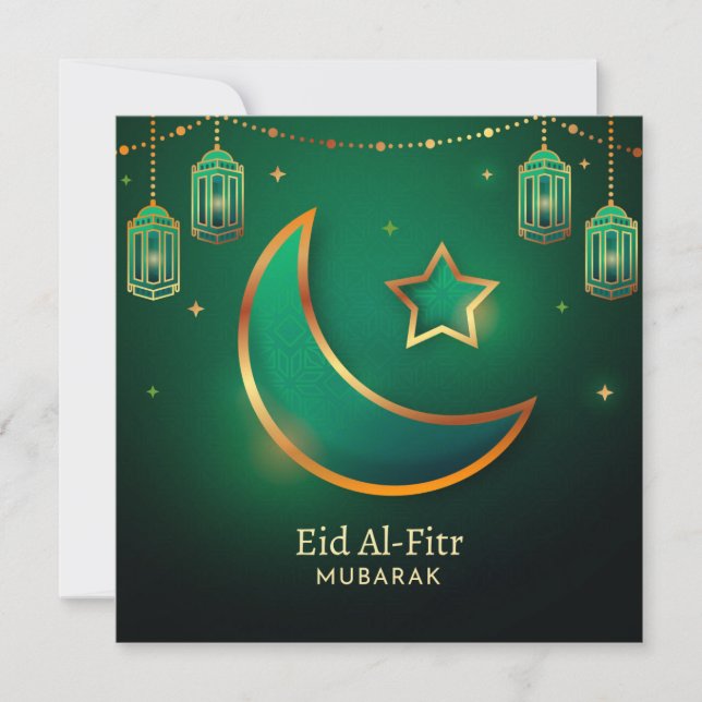 Eid Mubarak Crescent Star Islamic Lantern Green Holiday Card (Front)