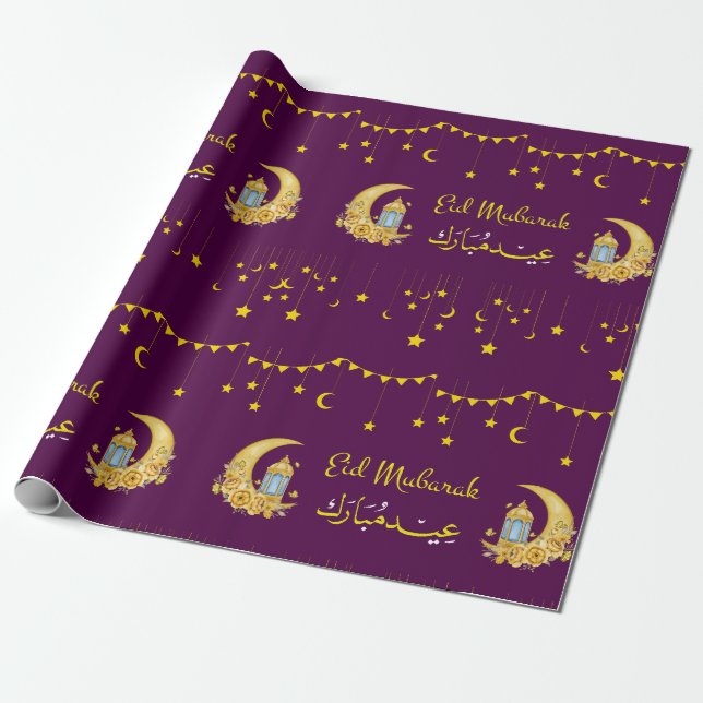 Eid Mubarak Cresent Moon Islamic Wrapping Paper (Unrolled)