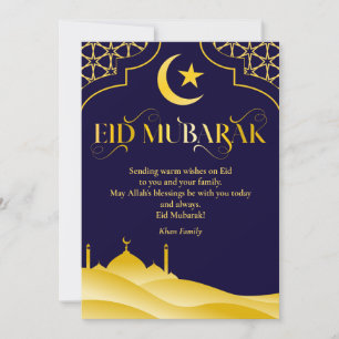 Eid Mubarak Custom Name Elegant Modern Blue Gold  Holiday Card