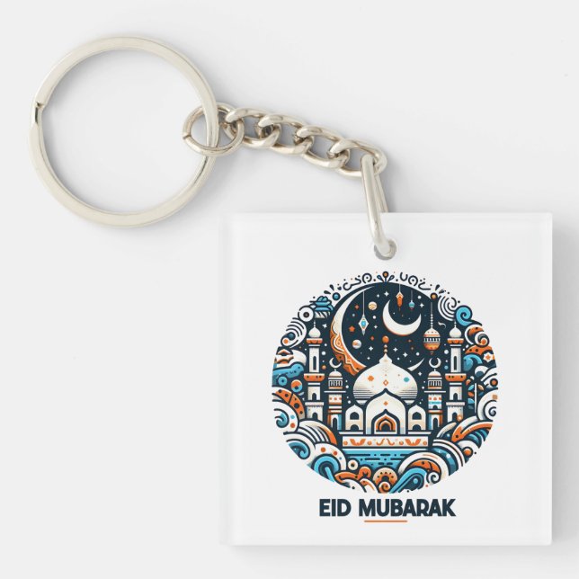 Eid Mubarak Decorated Crescent Colourful Mosque Ar Key Ring (Front)