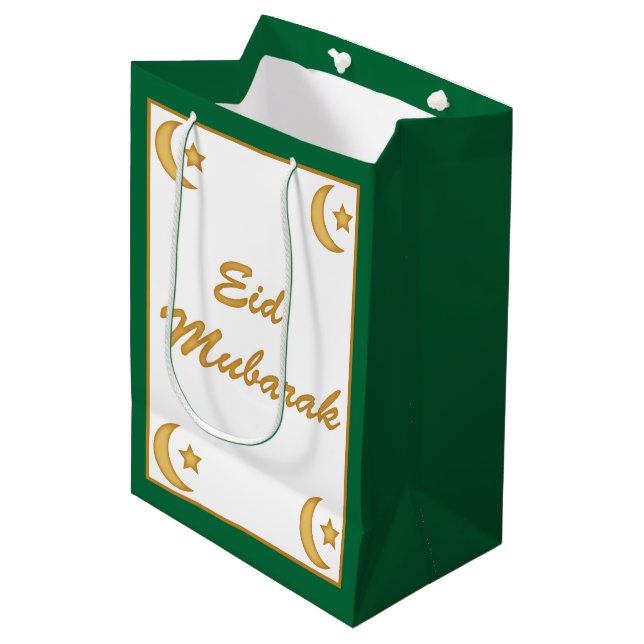 Eid Mubarak Eid al Fitr Moon and Stars Green Medium Gift Bag (Front Angled)