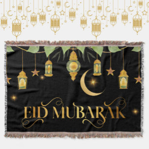 Eid Mubarak Elegant Black Gold Lantern Moon Stars Throw Blanket