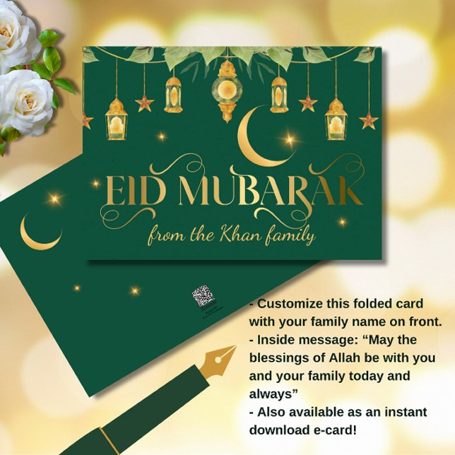 Eid Mubarak Elegant Gold Green Lanterns + Moon Card (Celebrate Eid with this elegant green and gold "Eid Mubarak" folded card!)