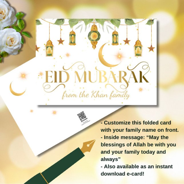 Eid Mubarak Elegant Gold White Lanterns + Moon Card (Celebrate Eid with this elegant white and gold color "Eid Mubarak" greeting card!)