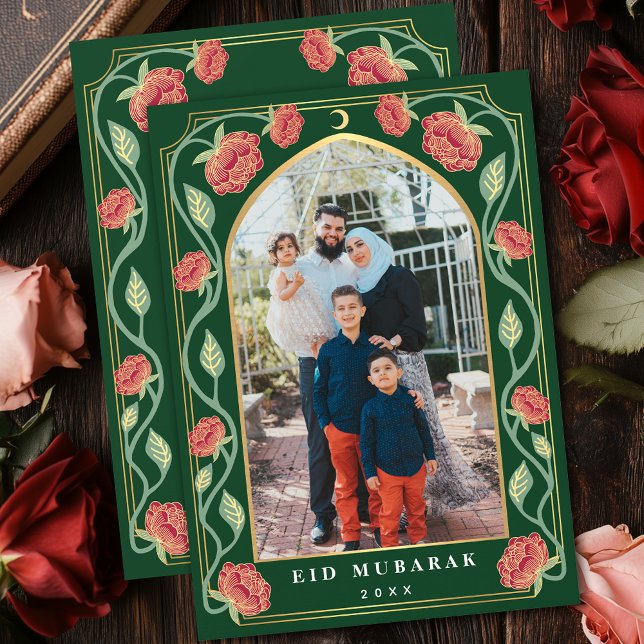Eid Mubarak Elegant Green Floral Photo Holiday Card (Creator Uploaded)