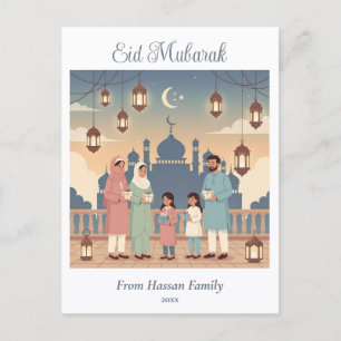 Eid Mubarak Family Celebration Pastel Mosque Card