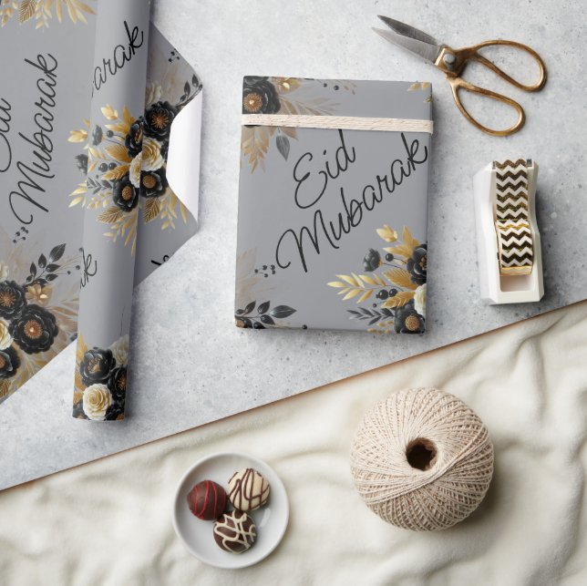 Eid Mubarak Floral Black Gold Script grey Wrapping Paper (Crafts)