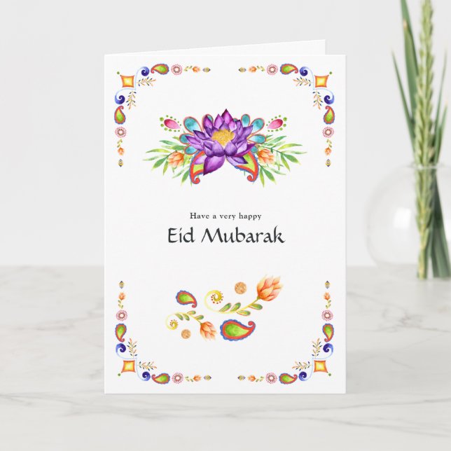 Eid Mubarak Floral Paisley Family Photo Greeting Holiday Card (Front)