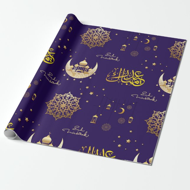 EID Mubarak Gift Navy Wrapping Paper (Unrolled)