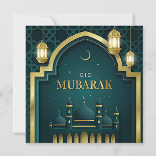 Eid Mubarak Gold Crescent Star Mosque Green Holiday Card