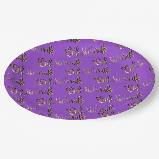 Eid Mubarak Gold Look Text Pattern Elegant Purple Paper Plate (Angled)