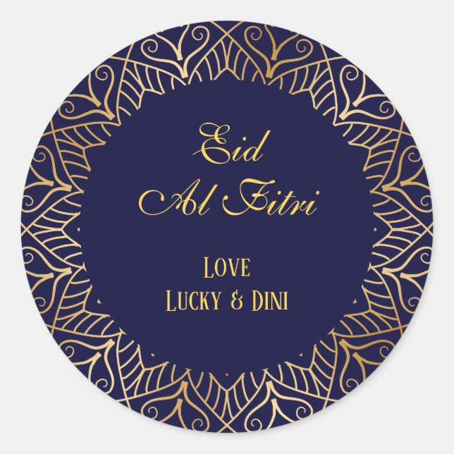 Eid Mubarak Golden Mandala Navy Blue Holiday  Classic Round Sticker (Front)