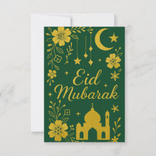 Eid Mubarak - Green and Gold Mosque Flowers Invitation