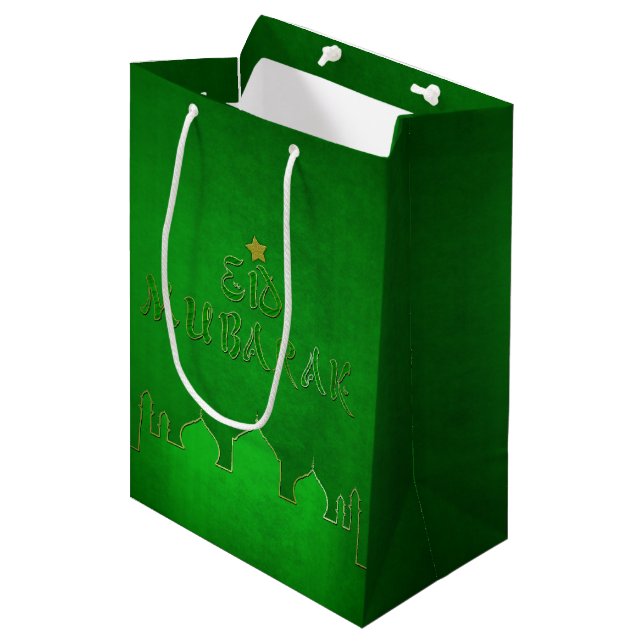 Eid Mubarak Green Gold Mosque Medium Gift Bag (Front Angled)