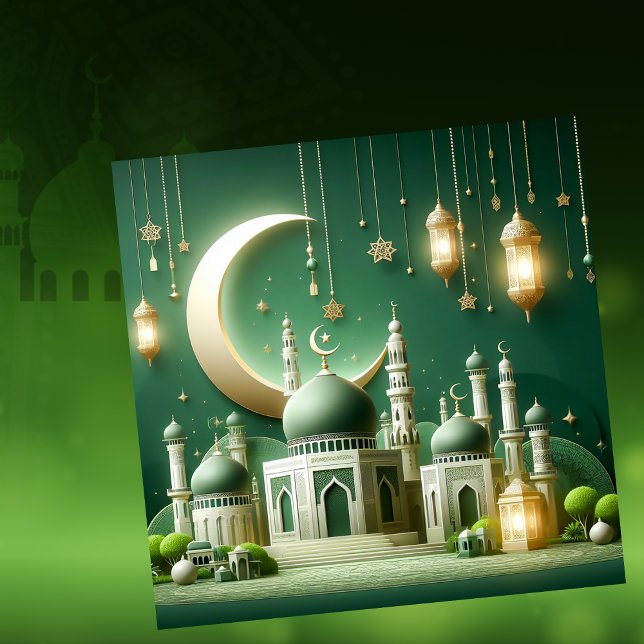 Eid Mubarak Islamic Lantern Crescent Star Green Holiday Card (Creator Uploaded)
