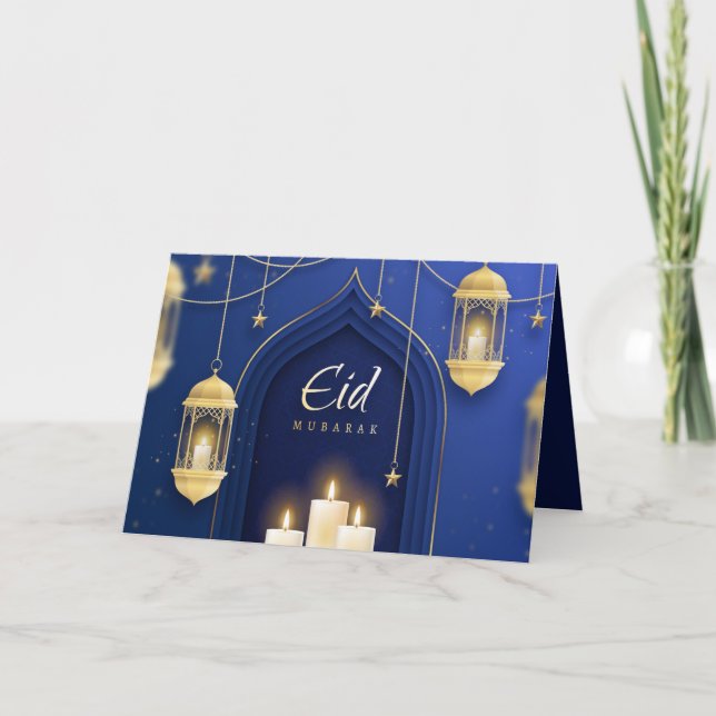  Eid Mubarak Islamic Lantern Star Candle Blue  Holiday Card (Front)