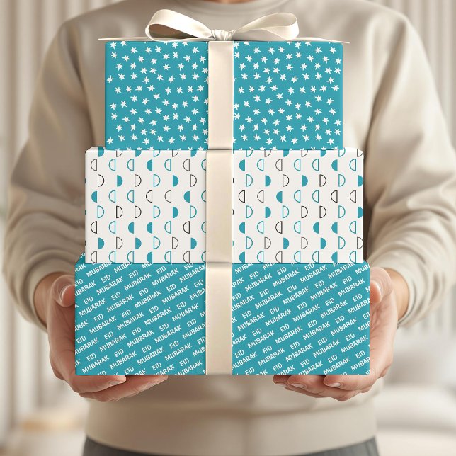 Eid Mubarak Kids Blue Moon Star Pattern Quote Wrapping Paper Sheet (Creator Uploaded)