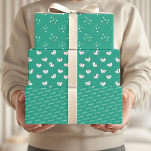 Eid Mubarak Kids Green Star Hearts Pattern Quote Wrapping Paper Sheet