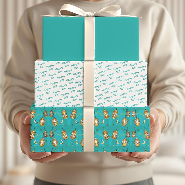 Eid Mubarak Kids Moon and Lantern Teal Wrapping Paper Sheet (Creator Uploaded)