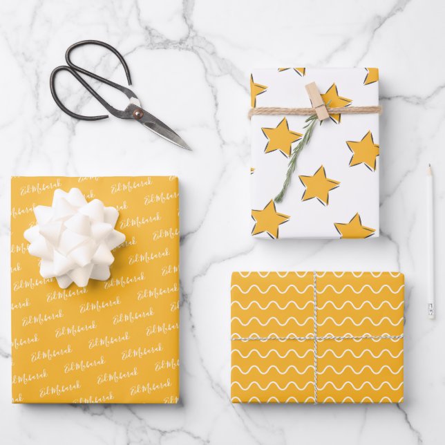 Eid Mubarak Kids Yellow Star Wavy Pattern Quote Wrapping Paper Sheet (Front)