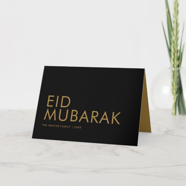 Eid Mubarak Modern Black and Gold Muslim Holiday Card (Front)