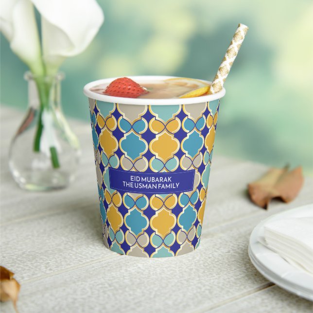Eid Mubarak Moroccan Pattern Royal Blue Golden Paper Cups (Insitu)