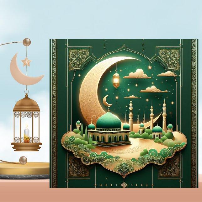 Eid Mubarak Mosque Crescent Green Gold Holiday Card (Creator Uploaded)
