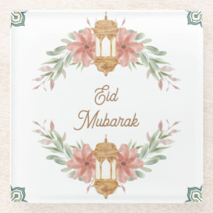 Eid Mubarak Ramadan Mubarak Flowers Wreath Lamp Glass Coaster