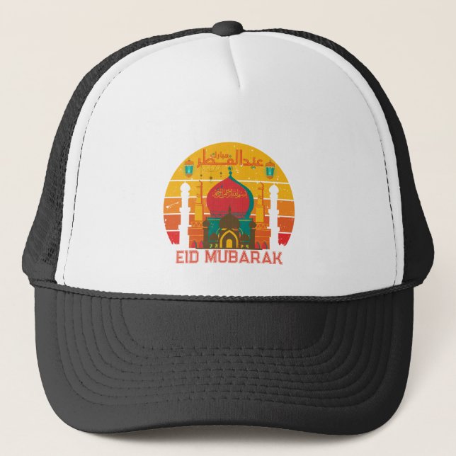 Eid Mubarak Retro Sunset Mosque  Typography  Trucker Hat (Front)
