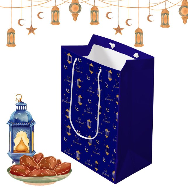 Eid Mubarak Sapphire Blue + Gold Lanterns Moon Medium Gift Bag (An elegant, modern Eid Mubarak gift bag in rich sapphire blue, with gold lanterns, stars and moon.)