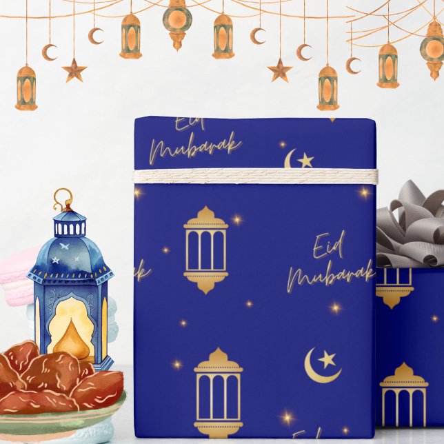 Eid Mubarak Sapphire Blue + Gold Lanterns Moon Wrapping Paper (Elegant modern sapphire blue Eid Mubarak wrapping paper, featuring gold lanterns, stars and moon.)