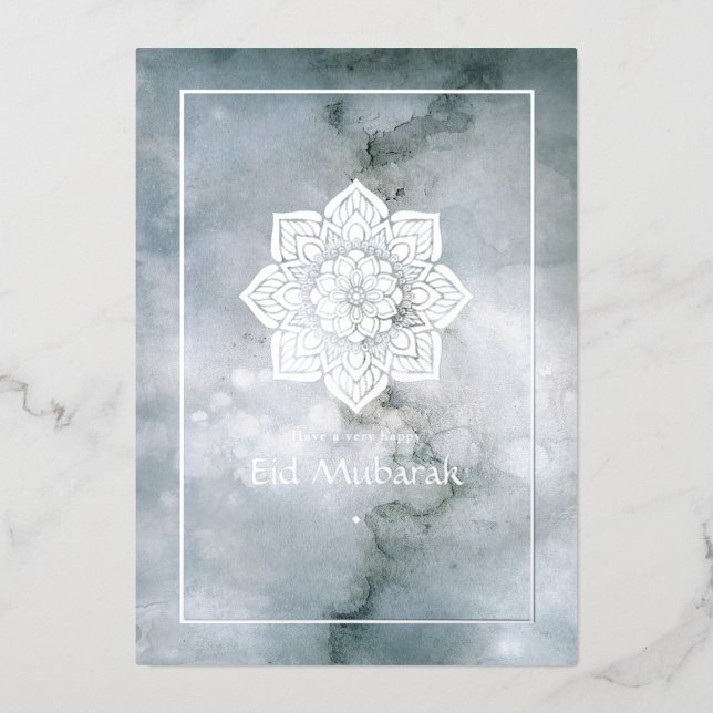 Eid Mubarak Silver Marble Foil Holiday Card (Front)