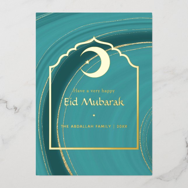 Eid Mubarak Turquoise - Teal and Gold Agate Foil H (Front)