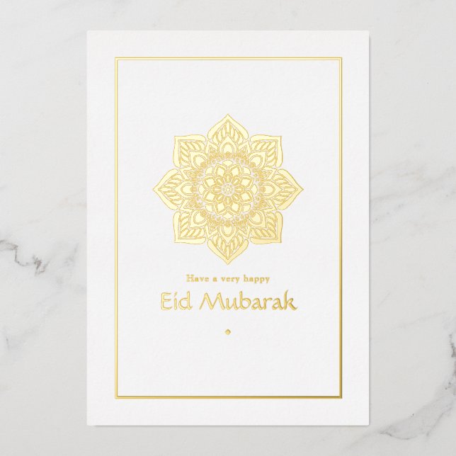 Eid Mubarak White and Gold Foil Holiday Card (Front)