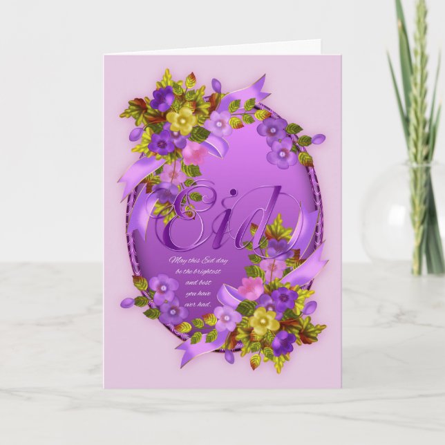 Eid Mubarak With Nice Words And Floral Cameo Holiday Card (Front)