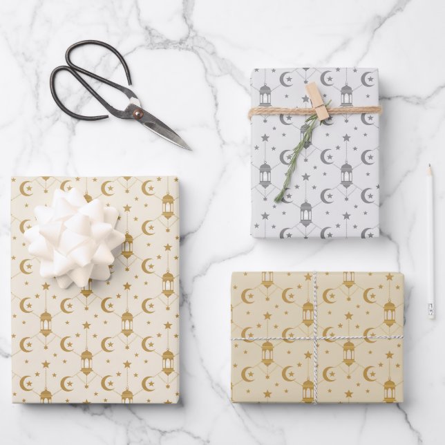  Eid or Ramadan Lanterns & Crescent Seamless  Wrapping Paper Sheet (Front)