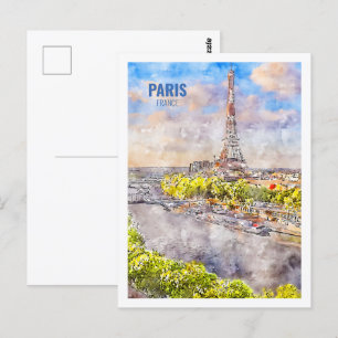 Eiffel Paris France Famous Travel Watercolor Postcard