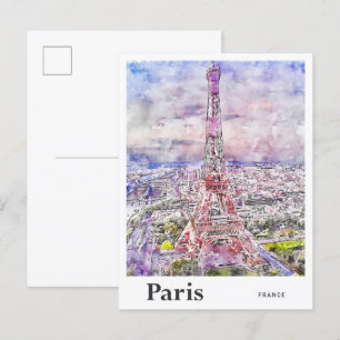 Eiffel Paris France Travel Watercolor Hand Drawn Postcard