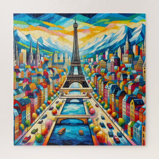 Eiffel tower and colourful buildings painting jigsaw puzzle (Vertical)