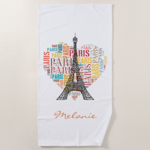 Eiffel Tower and Inscriptions Paris in Heart Beach Towel
