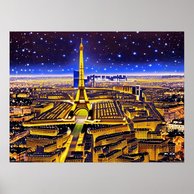 Eiffel Tower and Paris Under the Stars Poster (Front)