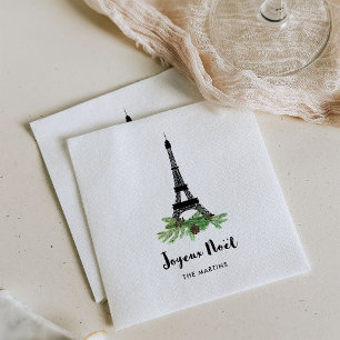 Eiffel Tower and Pine Modern Joyeux Noel Napkin