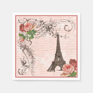 Eiffel Tower and Pink Roses Paper Napkins
