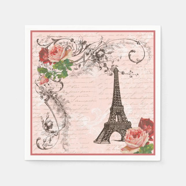 Eiffel Tower and Pink Roses Paper Napkins (Front)