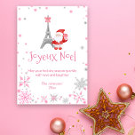 Eiffel Tower and Santa Pink Paris Christmas Holiday Card<br><div class="desc">This beautiful Paris themed Christmas card is full of whimsy featuring a pink Christmas theme. The Eiffel tower is adorned with a cute pink bow and a lovely Santa Claus is holding a sweet pink present. The scene is filled with falling pink and silver snowflakes. "Joyeux Noel" is the holiday...</div>